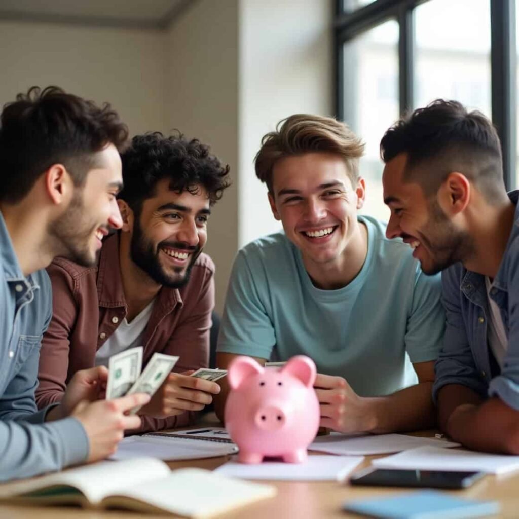 A group of smiling teenagers sitting together with a pink piggy bank and cash, discussing savings and financial goals in a bright room.