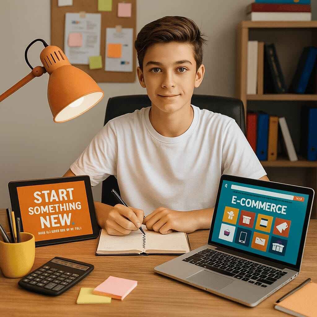 A high school student working on a side hustle, sitting at a desk with a laptop displaying e-commerce icons, a notebook, a calculator, and a tablet showing motivational text, representing E-commerce as a side hustle, which is a part of budgeting scenarios for high school students.