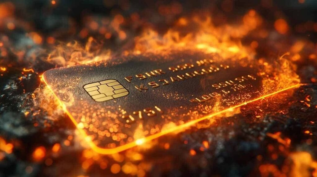 The image features a close-up of a credit card with a gold chip, surrounded by glowing, fiery effects. The card appears to be illuminated by flames, giving it an intense and dynamic appearance. The background is blurred, with sparks and fire particles adding to the visual impact, showing the avoidance of overuse of credit card that is very common budgeting mistake.