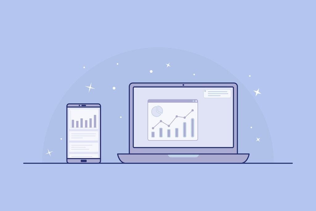 A smartphone and a laptop displaying graphs and charts, symbolizing the use of technology to track and analyze financial data, highlighting how tools and data analysis can assist in making informed decisions and better managing finances."