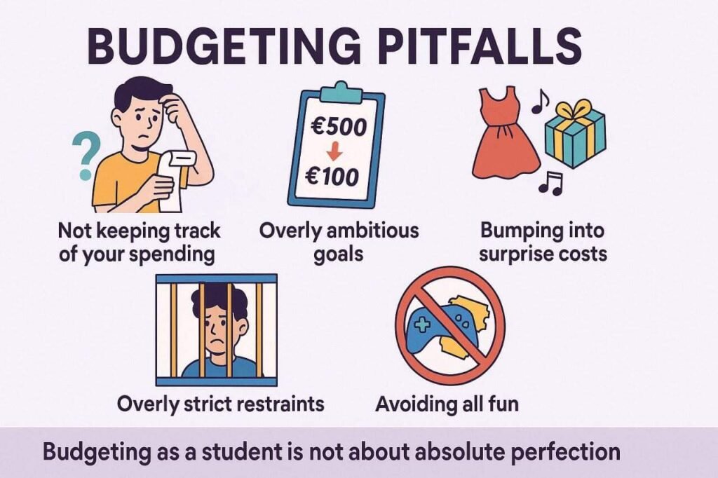 The image illustrates common budgeting pitfalls students often face, such as not keeping track of spending, leading to financial confusion, setting overly ambitious goals that aren't feasible with current resources, bumping into surprise costs like unexpected events or gifts, applying overly strict restraints, which can lead to burnout, and avoiding all fun, which can backfire and result in unplanned splurges later on. The message reminds that budgeting as a student is about balance, not perfection.