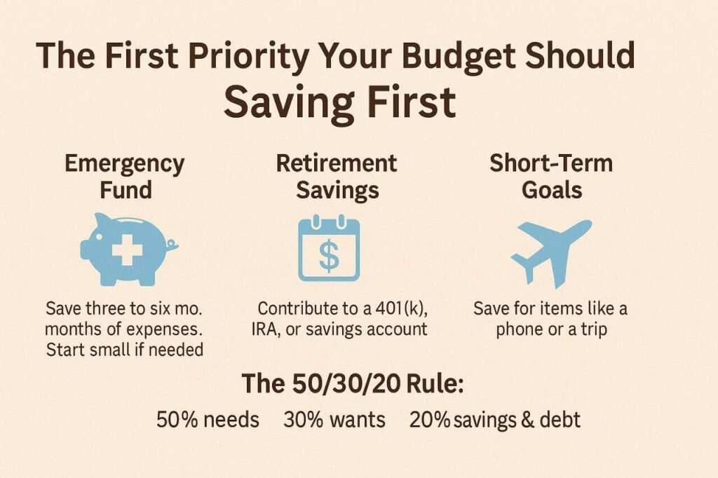 Infographic highlighting that the first priority in your budget should be saving, with sections on emergency funds, retirement savings, and short-term goals, based on the 50/30/20 budgeting rule.