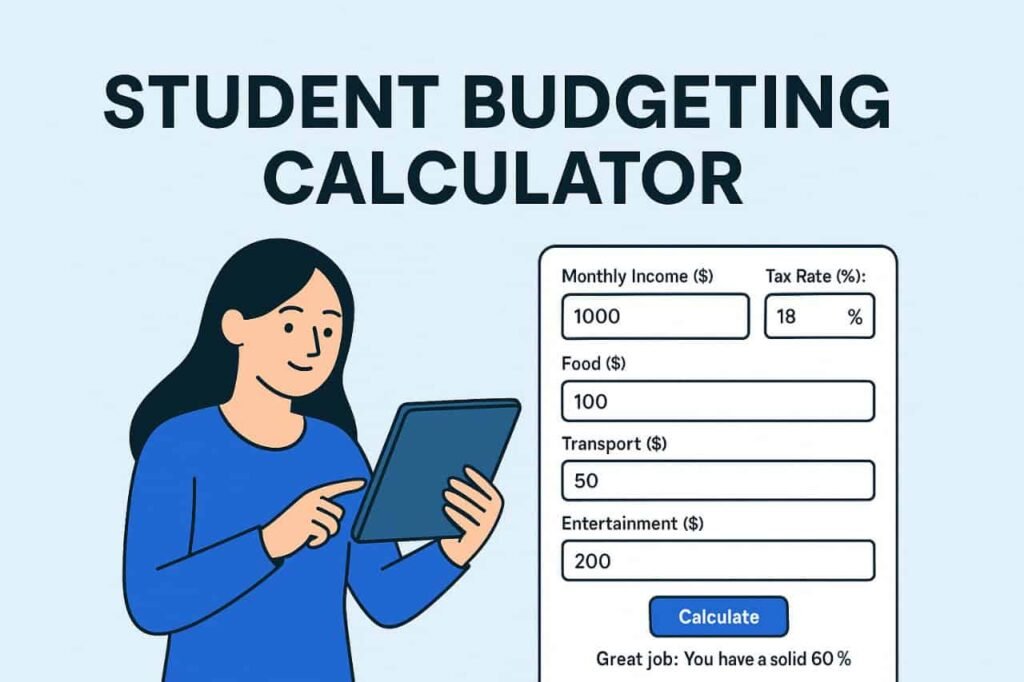 “Feature illustration promoting the Budgeting Calculator—a clean and engaging tool designed to help students track income, expenses, and savings with ease.”