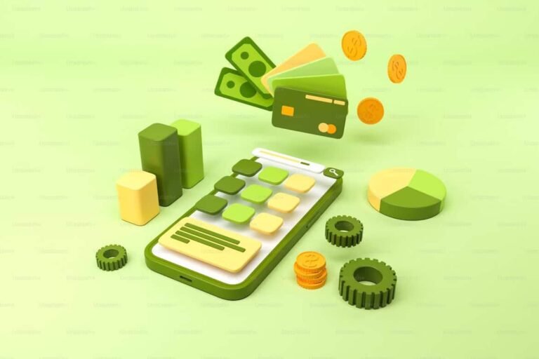 A 3D illustration featuring a smartphone with budgeting and finance icons, including credit cards, dollar bills, coins, bar graphs, pie charts, and gears, all in shades of green and yellow. This vibrant financial dashboard visually represents the tools needed to manage money and evaluate how much spending a week is reasonable in a digital-first world.