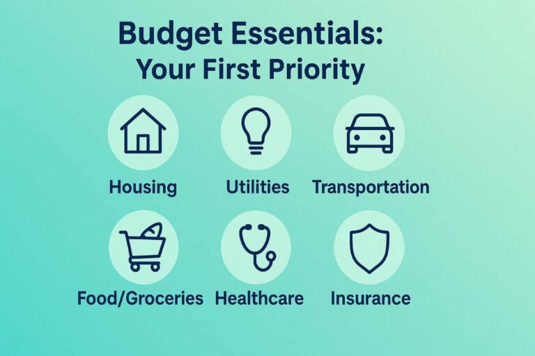 Budget essentials infographic showing housing, utilities, food, transport, healthcare, and insurance as first budget priorities.