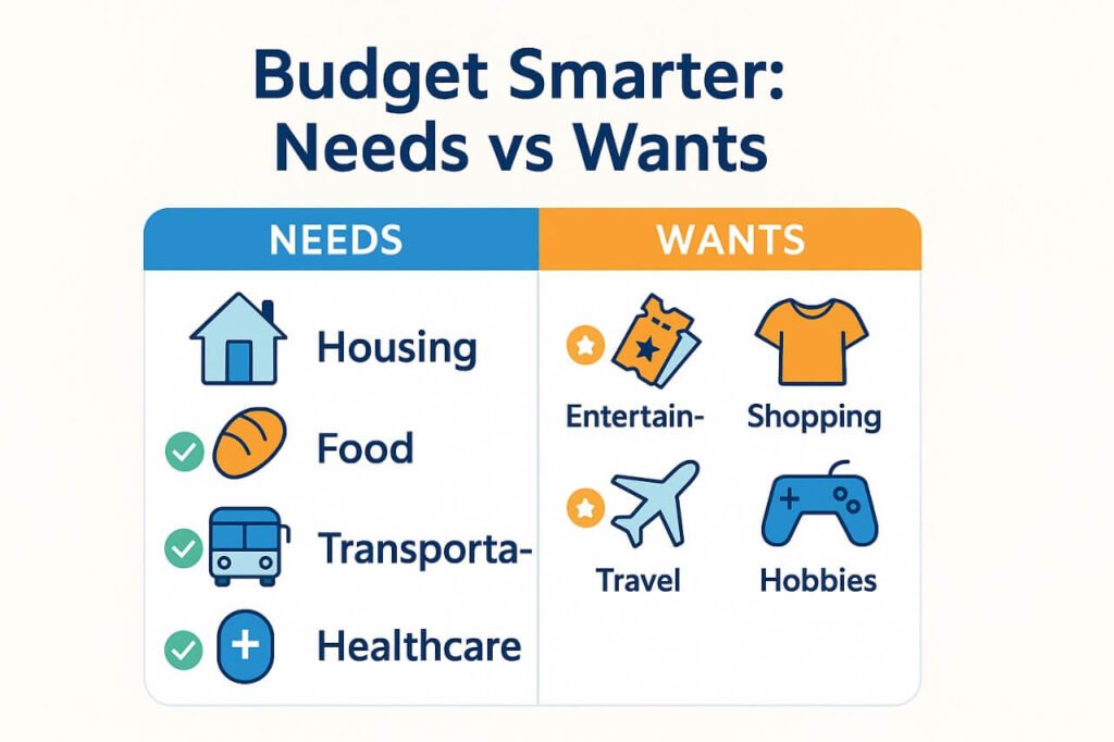 Budget smarter infographic comparing needs vs wants in budgeting: housing, food, transport, healthcare vs entertainment, shopping, travel, hobbies.