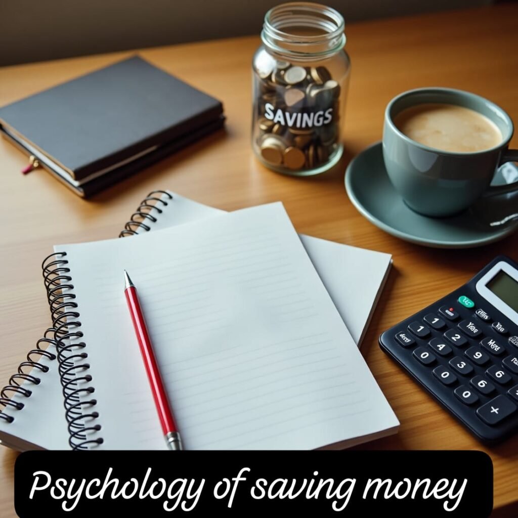 Psychology of saving money concept with notebook, calculator, coffee and savings jar on desk