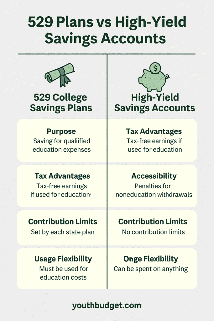 Infographic comparison of 529 College Savings Plans versus High-Yield Savings Accounts. Highlights purpose, tax advantages, contribution limits, accessibility, and flexibility to help parents and young adults choose the best investment gift option in 2025