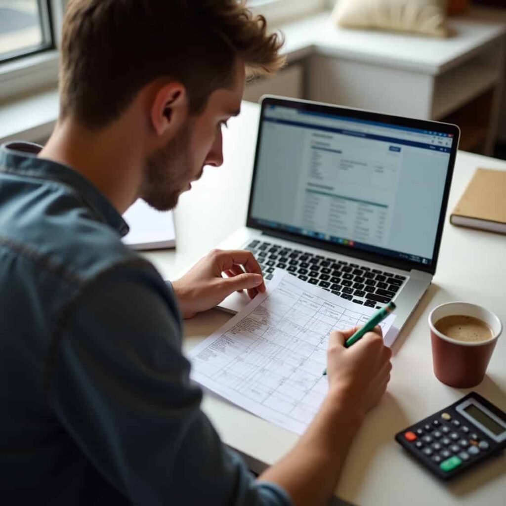 Male college student using a budgeting template with a laptop and calculator to track expenses and savings — practical example of a college student budgeting template in action.