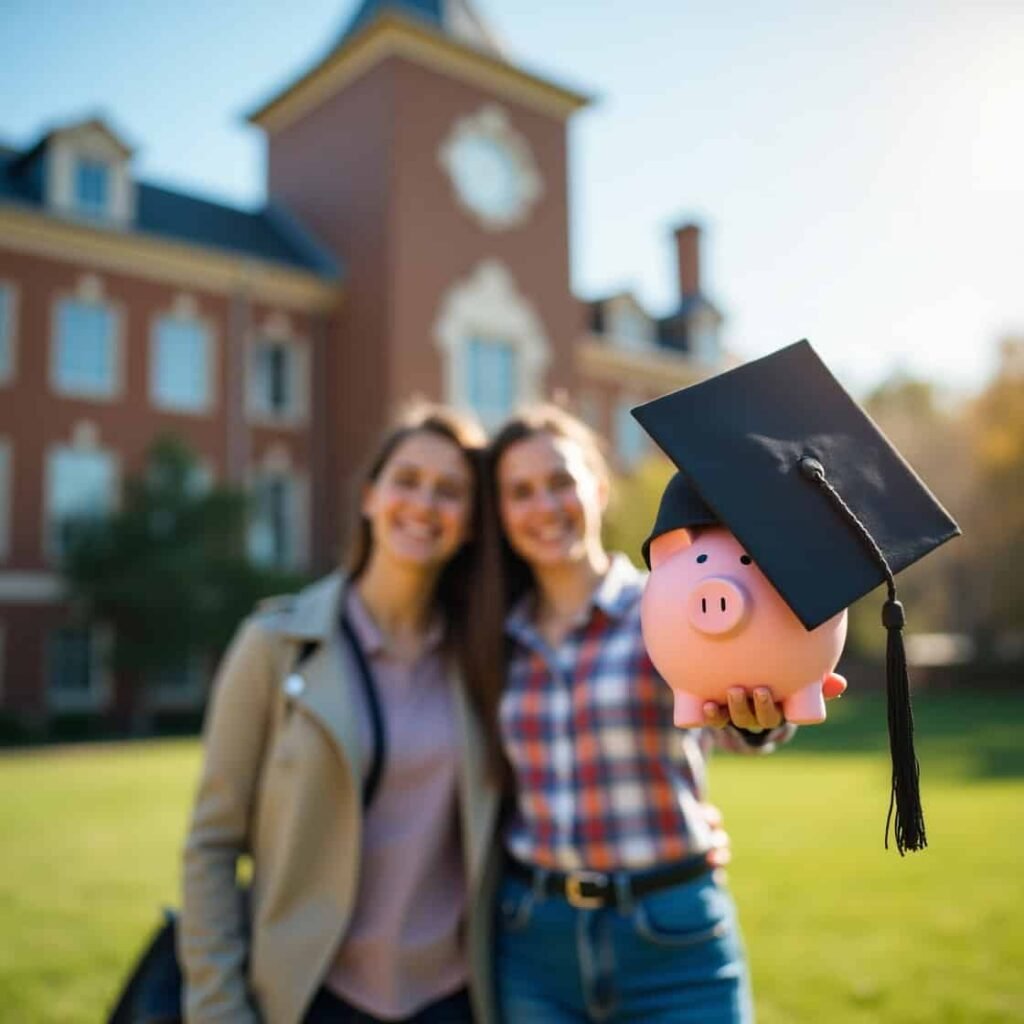 Student holding graduation cap and piggy bank, representing balancing education costs and smart strategies for independent students