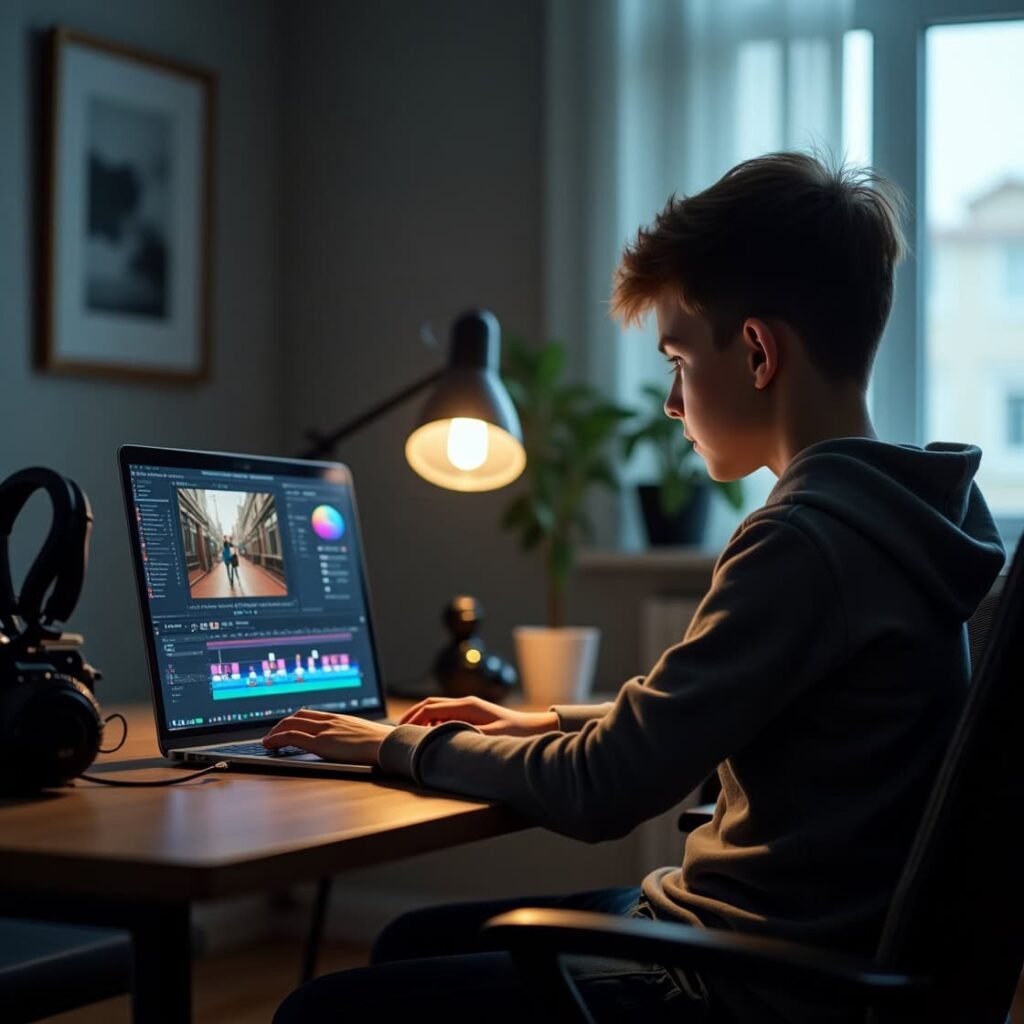 Teenager focused on video editing at a computer desk in a cozy room, illustrating the importance of side hustles like freelance content creation to earn extra money for saving toward a car. Headphones, camera gear, and editing software highlight dedication and skill-building outside of school or a primary job."
