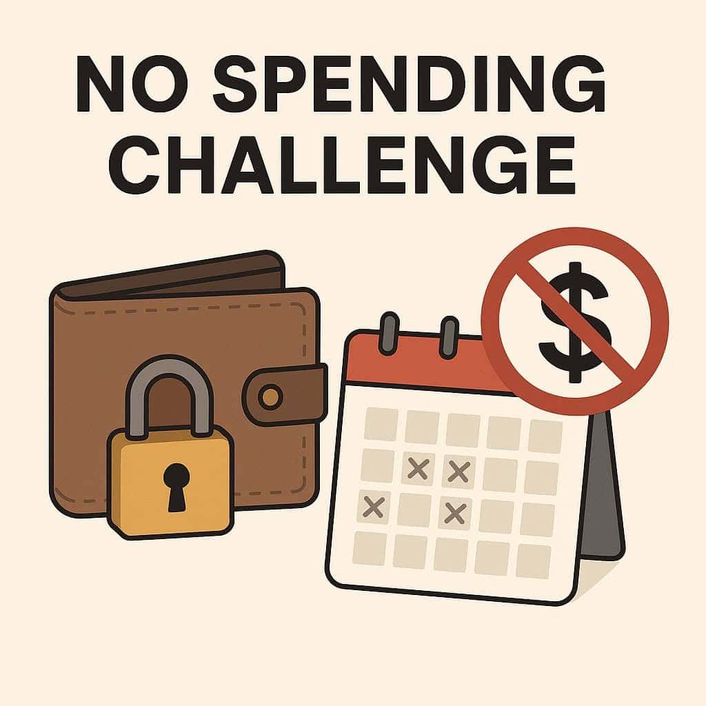 "Minimalist illustration for a 'No Spending Challenge' blog post featuring a locked wallet, a calendar with marked days, and a crossed-out dollar sign, with bold text above."