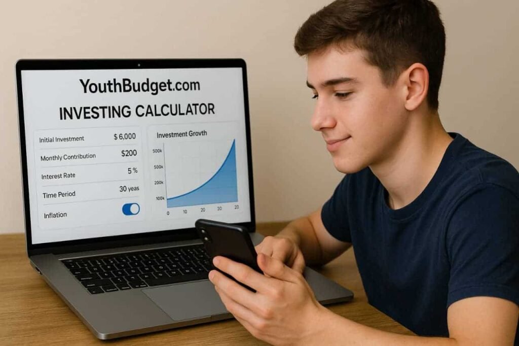 A teen using a laptop and phone to explore a compound interest calculator for beginners on YouthBudget.com, with a chart showing long-term investment growth.