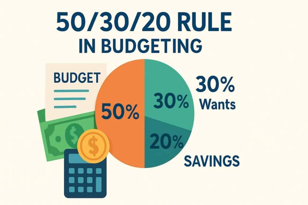 Infographic of the 50/30/20 budgeting rule showing how to save for a car. A pie chart illustrates allocating 50% of income to needs, 30% to wants, and 20% to savings. The 20% savings portion can be used to build a car fund over time. Includes icons of a calculator, budget sheet, money, and a coin, emphasizing financial planning.