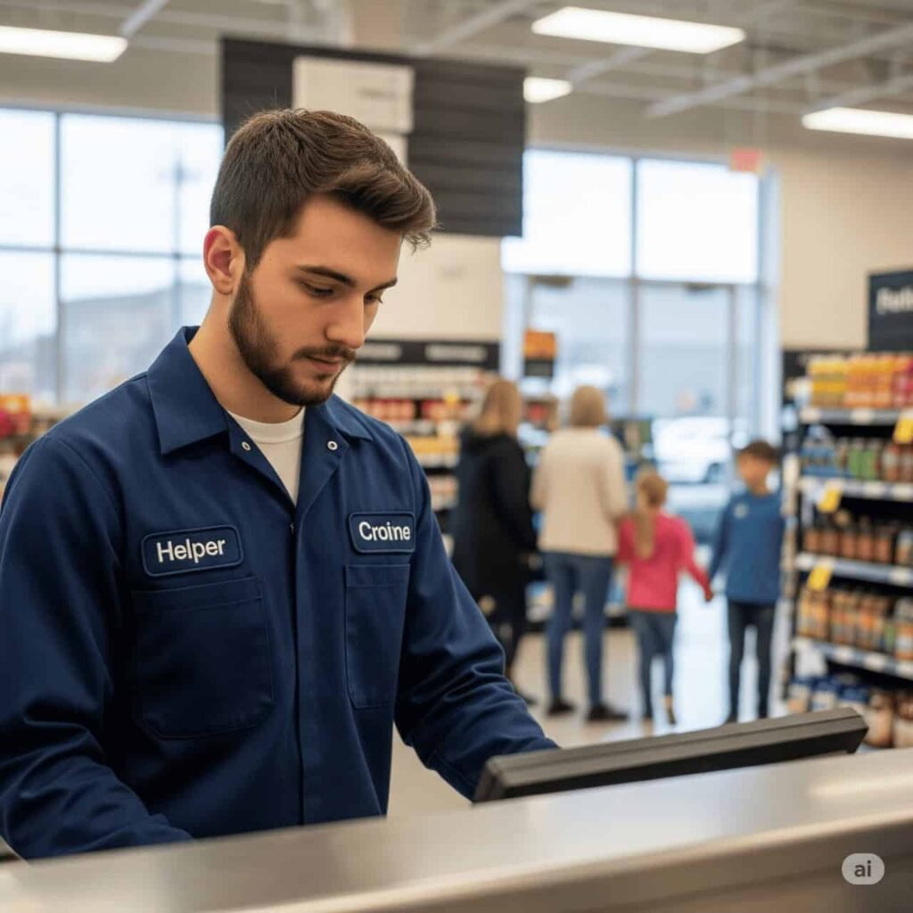 "Young man working at a grocery store checkout counter, wearing a uniform labeled 'Helper' and 'Croine.' He is focused on the register, symbolizing the importance of part-time jobs for earning and saving money—such as building a fund to buy a car. Shoppers and children in the background emphasize a busy work environment." 