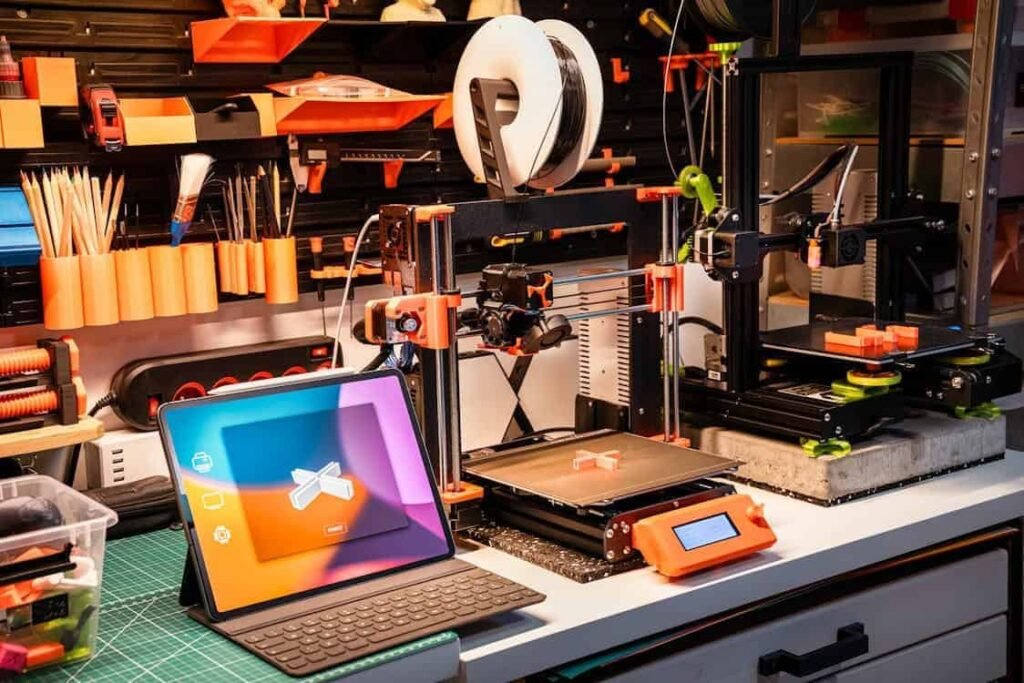 An image of a teenager's workshop, featuring a 3D printer and an open laptop with a creative app. It represents saving up to pursue hobbies in technology, engineering, and digital art.