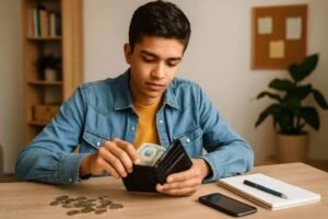 Teen sitting at a desk managing his money, organizing cash and coins with a wallet and notebook while showing smart controllable spending habits in action.