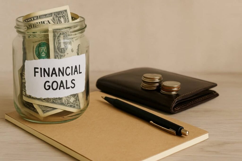 Clear glass jar filled with assorted coins and a few folded bills, labeled “Goals,” placed on a wooden table with a blurred background, symbolizing saving money for important financial objectives. Ask ChatGPT Clear glass jar filled with assorted coins and a few folded bills, labeled “Goals,” placed on a wooden table with a blurred background, symbolizing saving money for important financial objectives.