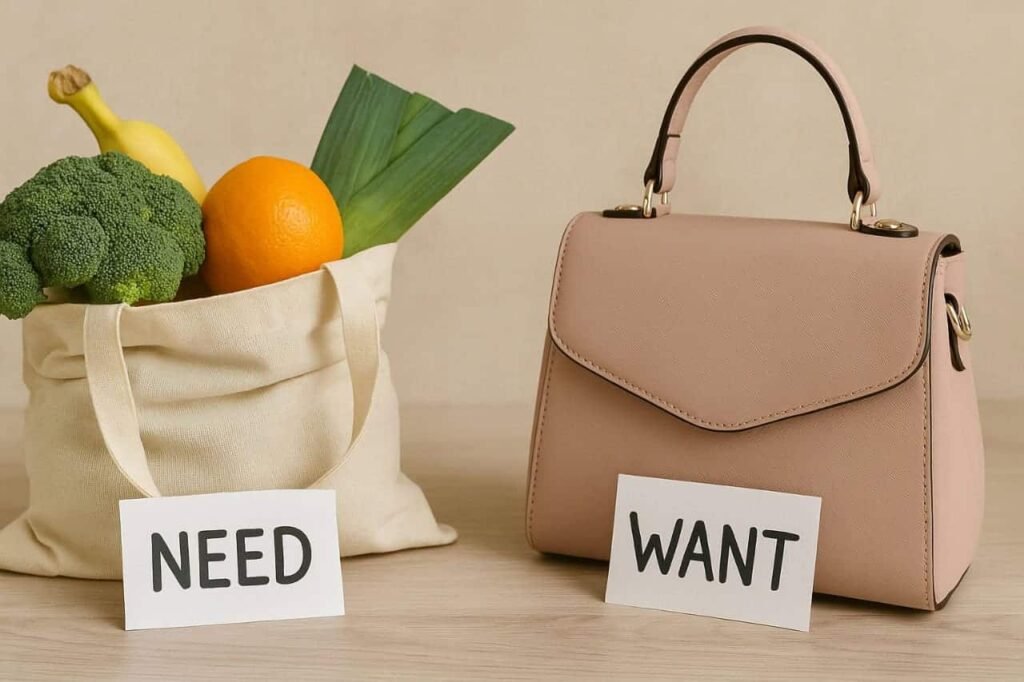 Two shopping carts side by side—one filled with essentials like groceries and household goods labeled “Needs,” and the other filled with non-essential items like designer shoes, snacks, and gadgets labeled “Wants”—visually showing how controllable spending comes from making intentional choices between needs and wants.