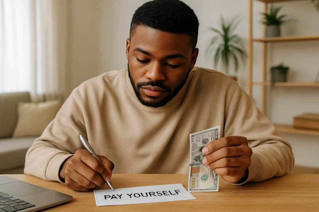 A serious-looking Black man in a beige sweater is sitting at a wooden desk, focused on managing his finances. In one hand, he holds a US hundred-dollar bill, and with the other, he writes with a silver pen. In front of him, there's a paper with the words "PAY YOURSELF" written on it. A laptop is visible on the left side of the desk. The image highlights the importance of personal savings and budgeting.