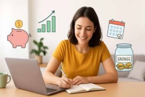 A smiling young woman in a yellow t-shirt sits at a desk with a laptop, writing in a notebook. Above her, various icons representing financial planning and savings are illustrated: a piggy bank with a dollar sign, a bar graph with an upward trend, a calendar with a checkmark, and a jar labeled "SAVINGS" filled with coins.