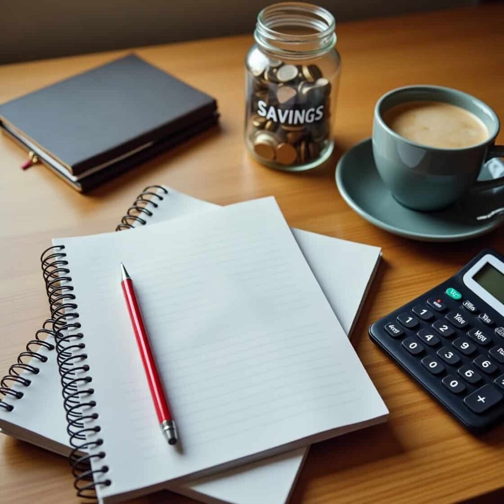 Budgeting tools for students including coins jar, calculator, and notebooks, highlighting practical ways to pay for college without parental support.