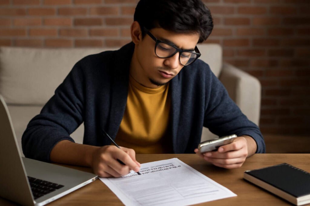 "Young male college student using a budgeting template at a wooden table in a sunlit room, with a laptop, dollar bill, and notebook, organizing his personal finances."