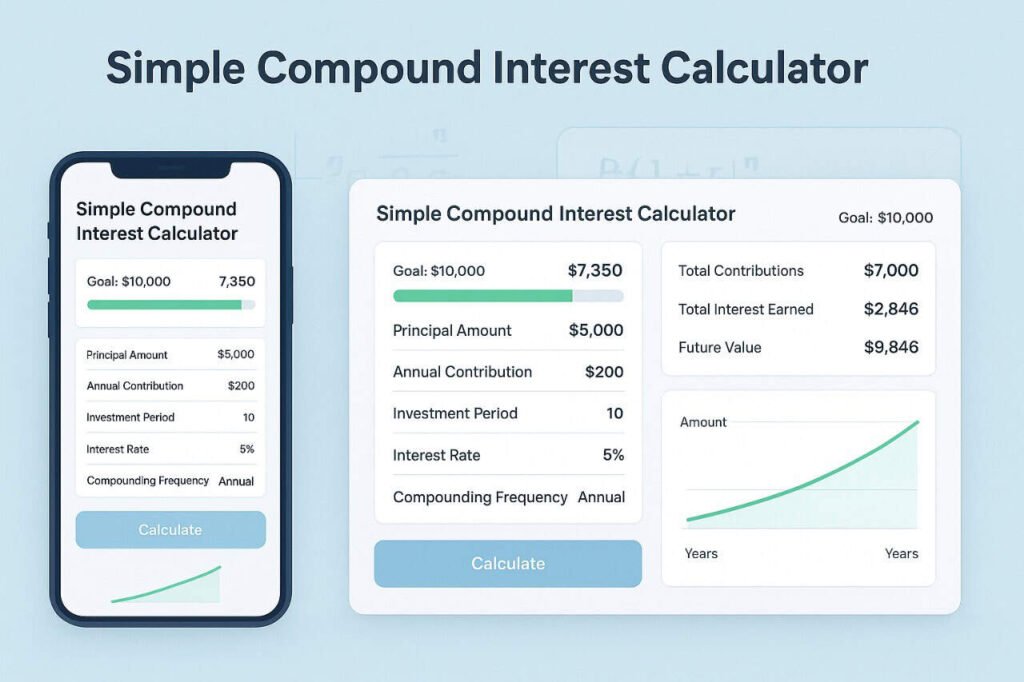 Simple Compound Interest Calculator for beginners with inputs, goal progress bar, results, and growth chart on mobile and desktop.