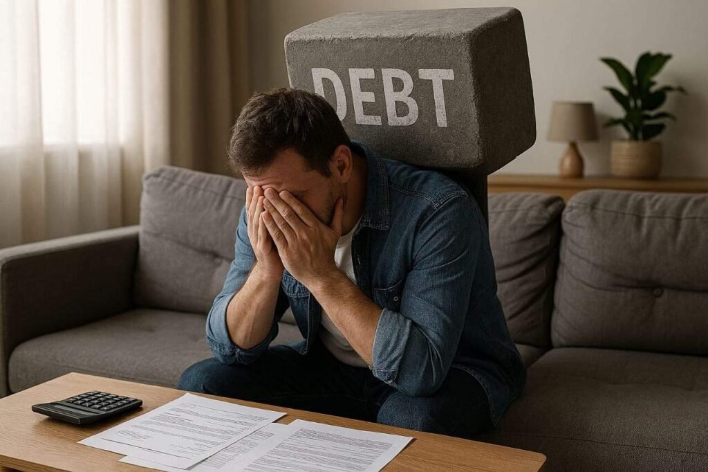 Man stressed under a heavy "DEBT" block while reviewing bills and using calculator, showing how a debt snowball calculator helps manage and reduce debt effectively.