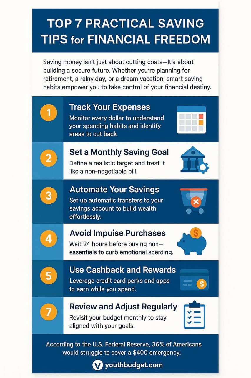 Student Budgeting Infographic: 7 Saving Tips for Financial Freedom by YouthBudget