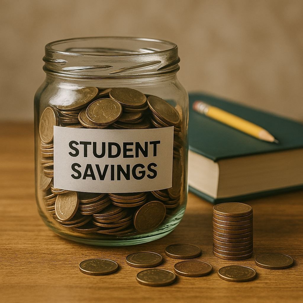 This image shows a jar labeled "STUDENT SAVINGS" filled with coins, symbolizing a student’s effort to save money wisely, likely for education expenses. It highlights the importance of budgeting and financial discipline during studies.