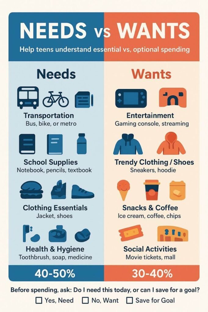 Infographic showing teen needs vs wants with icons for school, transport, meals, gaming, coffee, and clothing with percentage budget distribution.