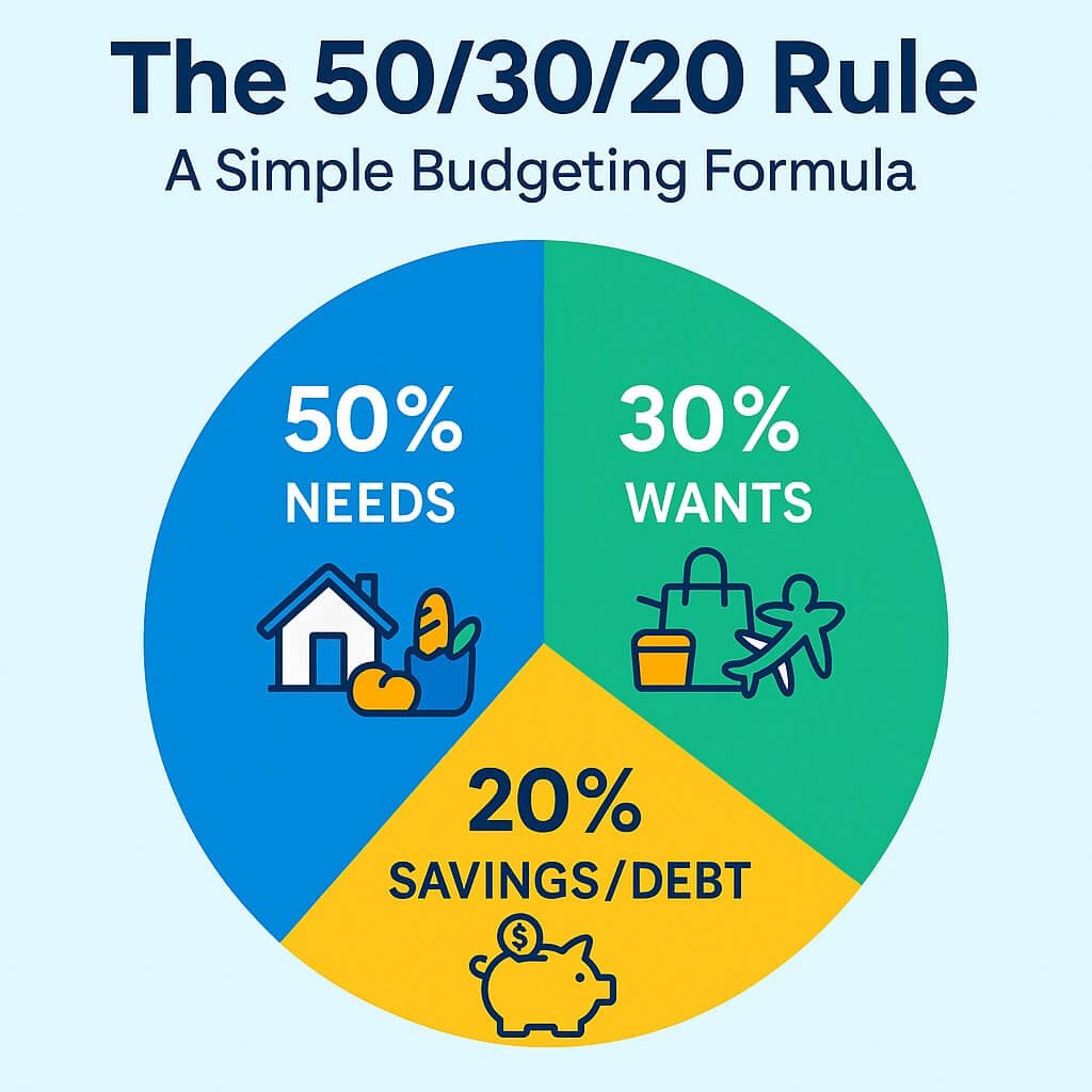 50/30/20 rule budgeting chart showing 50% needs, 30% wants, and 20% savings or debt as a simple money management formula.