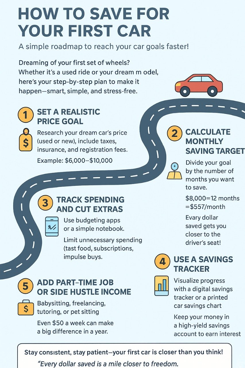 How to Save for Your First Car Infographic - Vehicle savings roadmap for students