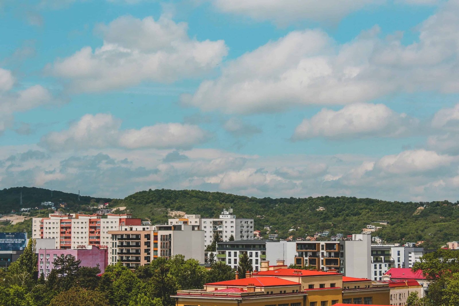 View of student housing and apartment buildings near a college neighborhood.