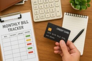 A desk scene with a printed monthly bill tracker sheet, a smartphone calculator, receipts, and a pen neatly arranged, showing bills and payment planning in a real-life budgeting setup. A mug and houseplant sit nearby for a cozy, organized work vibe.