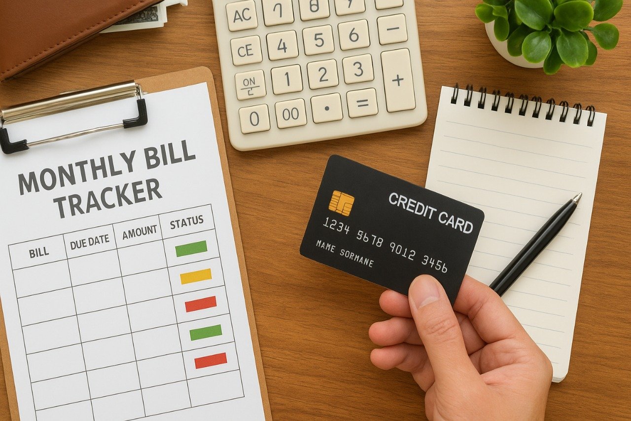 A desk scene with a printed monthly bill tracker sheet, a smartphone calculator, receipts, and a pen neatly arranged, showing bills and payment planning in a real-life budgeting setup. A mug and houseplant sit nearby for a cozy, organized work vibe.